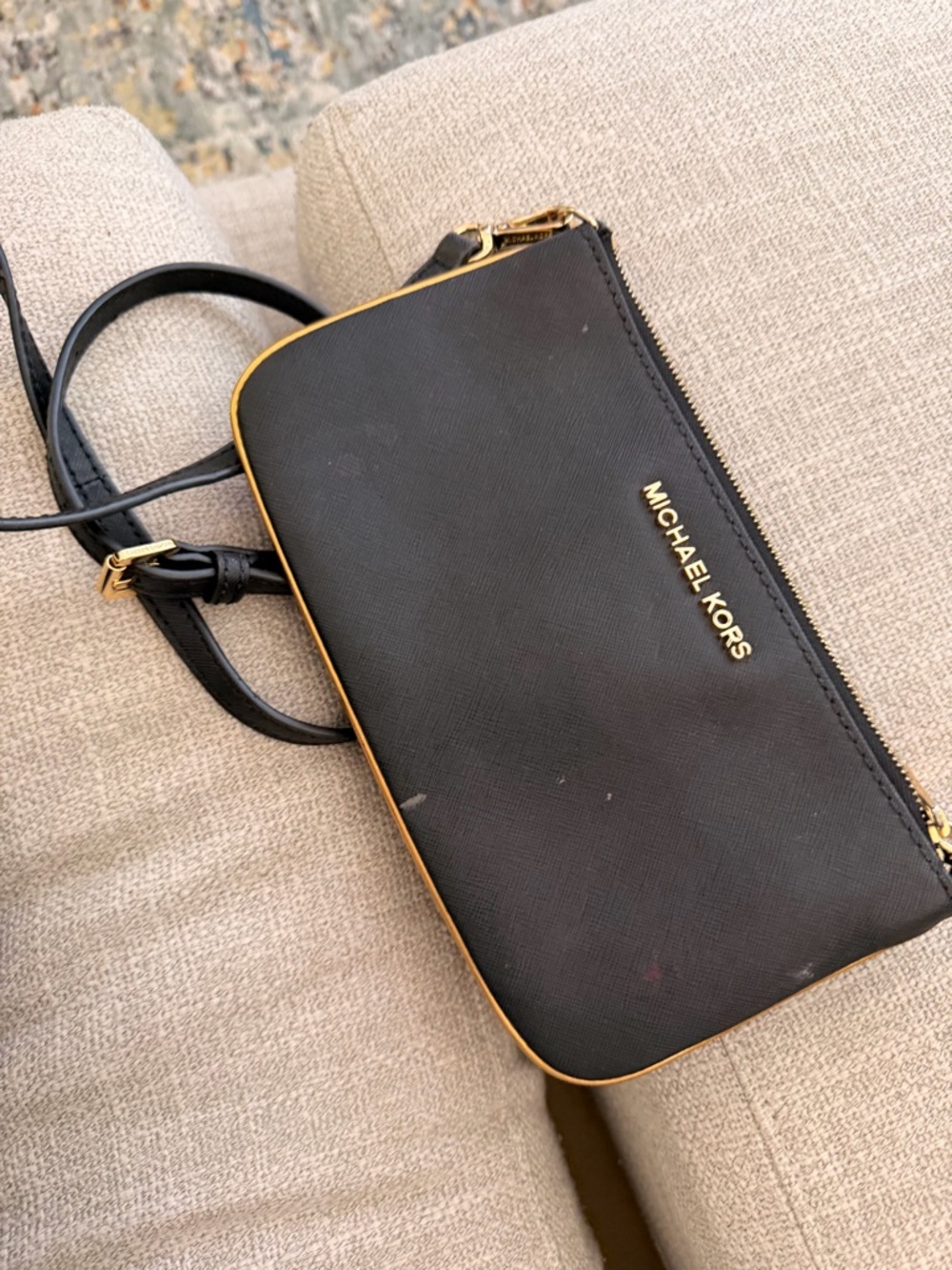 Michael Kors Black and Gold Crossbody Phone Wallet
